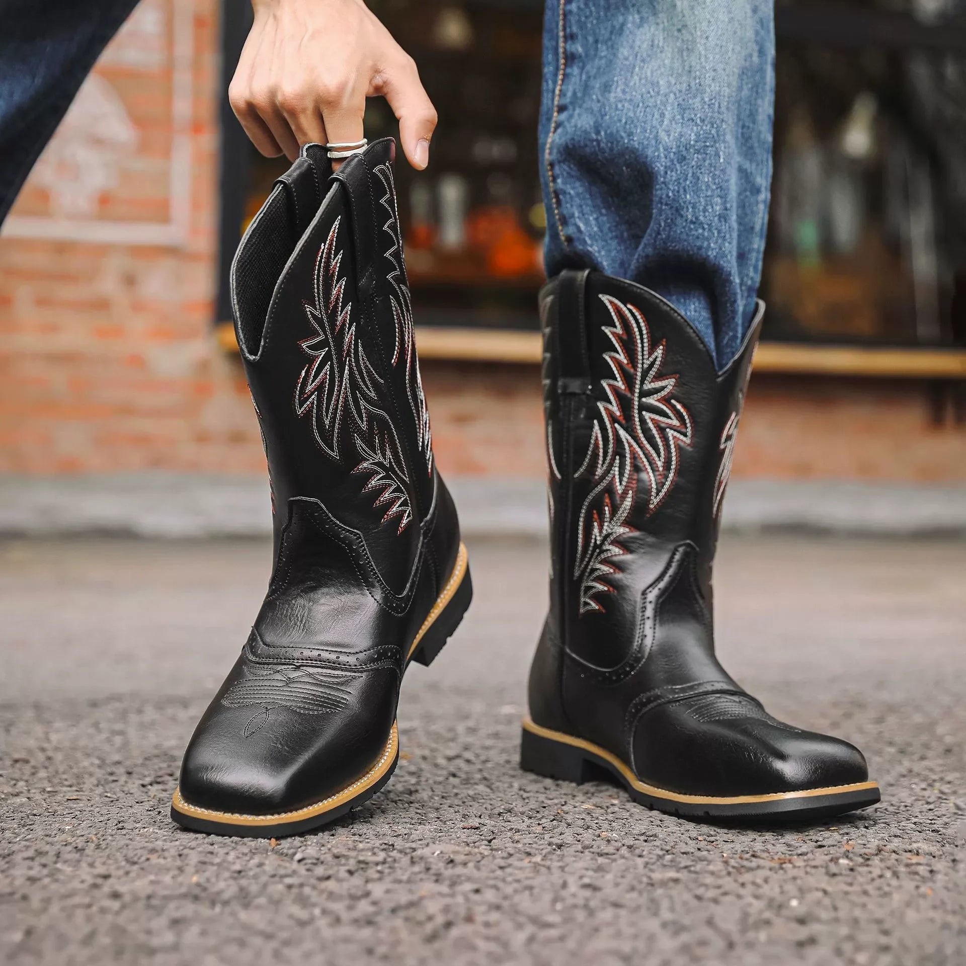 Men’s Western Cowboy Boots Embroidered Mid-Calf Classic Square Toe 3