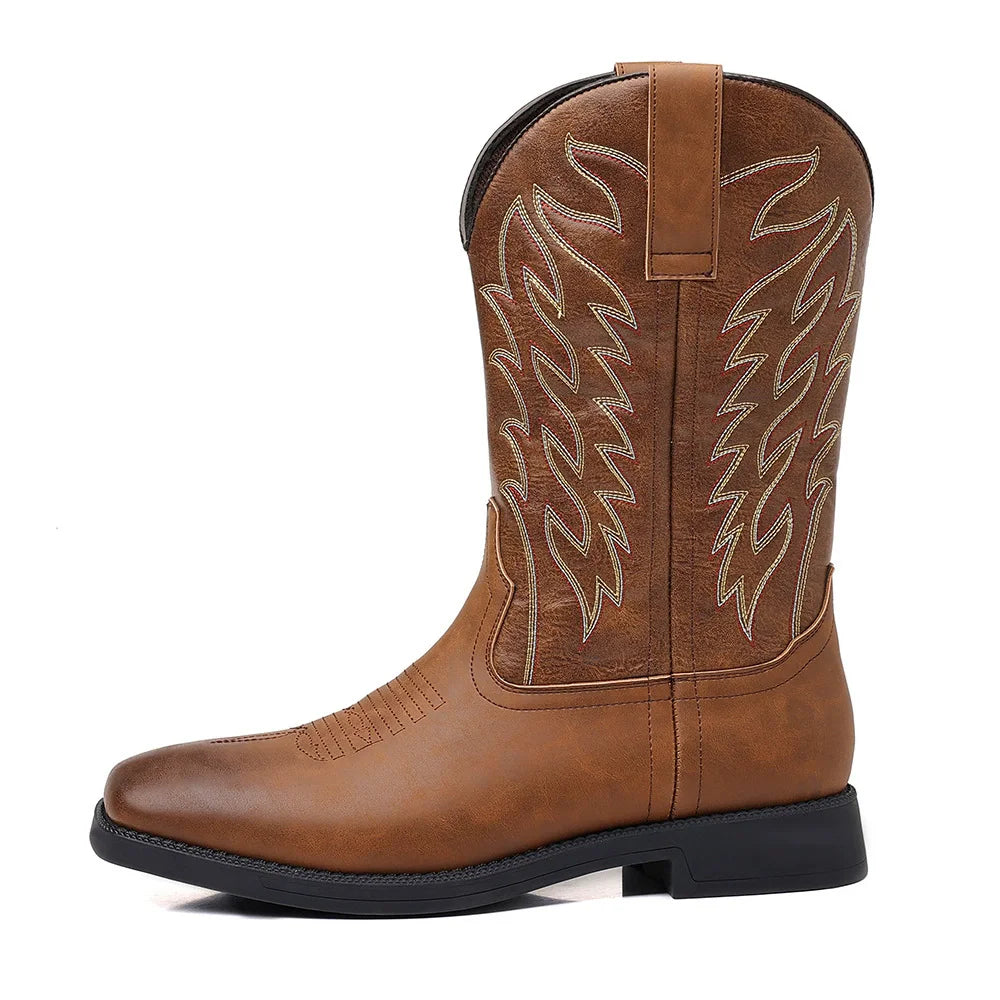 Men’s Western Cowboy Boots Embroidered Mid-Calf Classic Square Toe 6