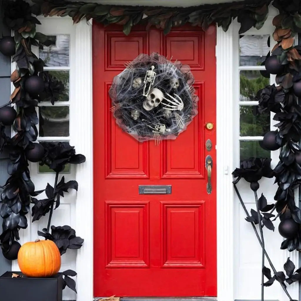 Bone mesh decoration crafted with polyester fiber featuring skulls and webs for terrifying halloween displays