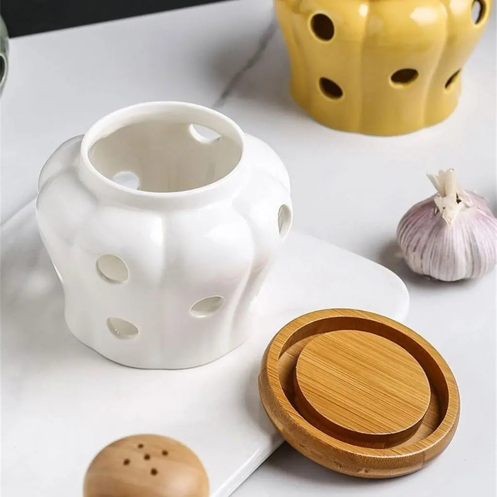 Close-up of ceramic jar showing ventilation holes and natural bamboo lid for fresh spice storage