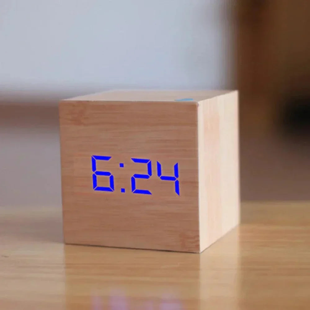 Wooden Digital LED Clock with Date and Temp Display