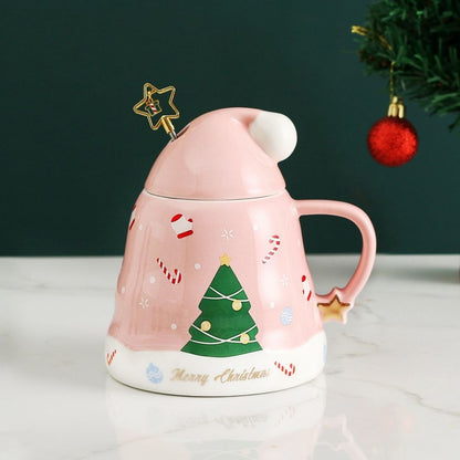 Glazed ceramic mug with fitted lid displayed from side angle showing handle