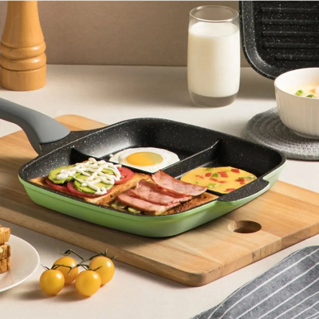 Compartment frying pan featuring ergonomic handle and non-stick surface for effortless breakfast cooking