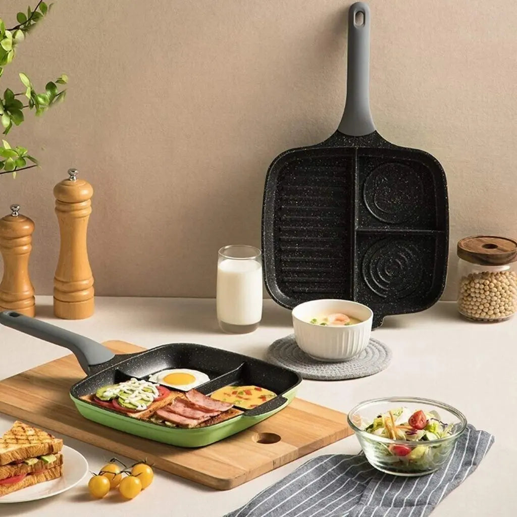 Compartmentalized frying pan with durable non-stick coating for easy food release and effortless cleaning