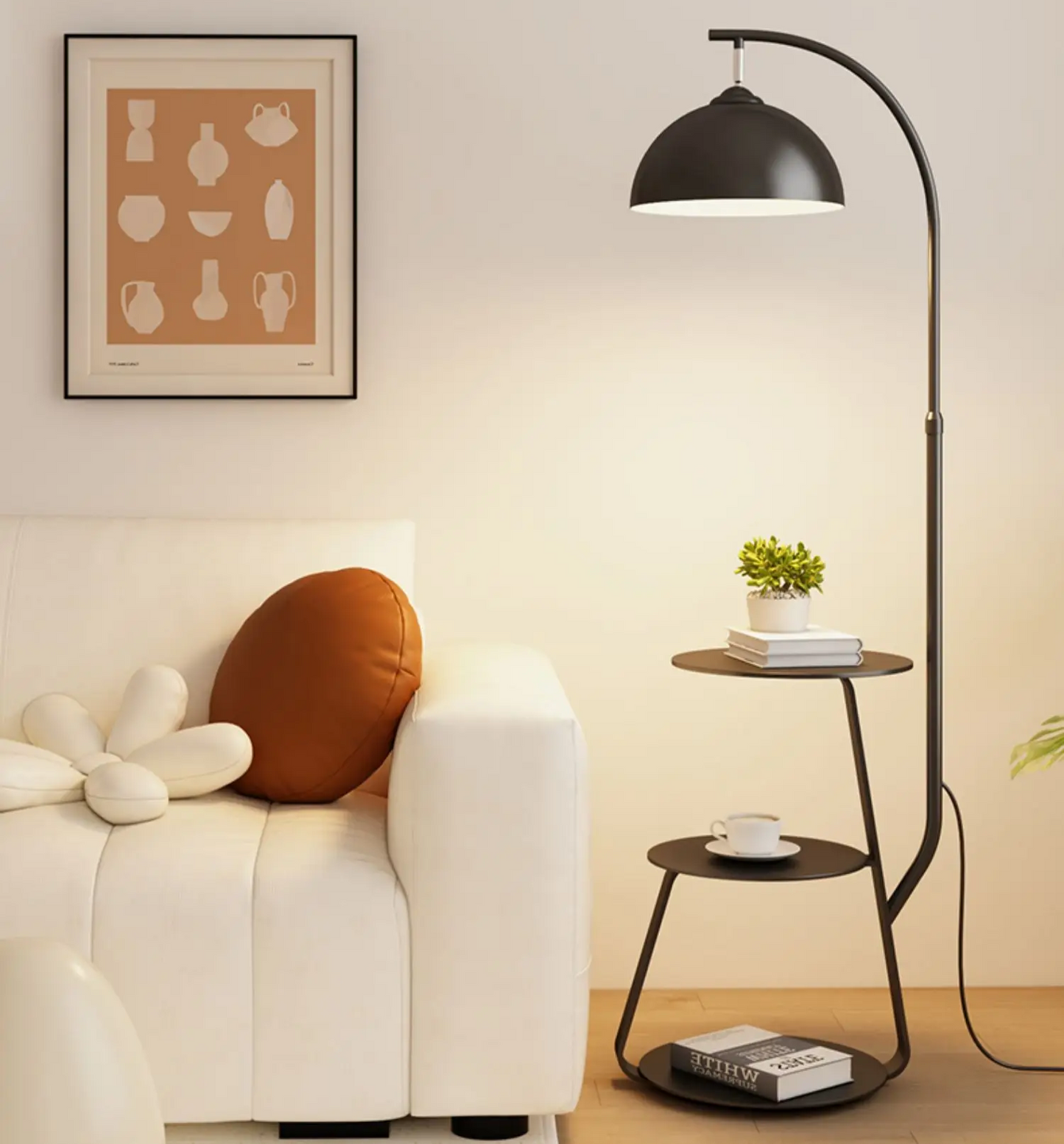 Curved Modern Floor Lamp With Storage Table