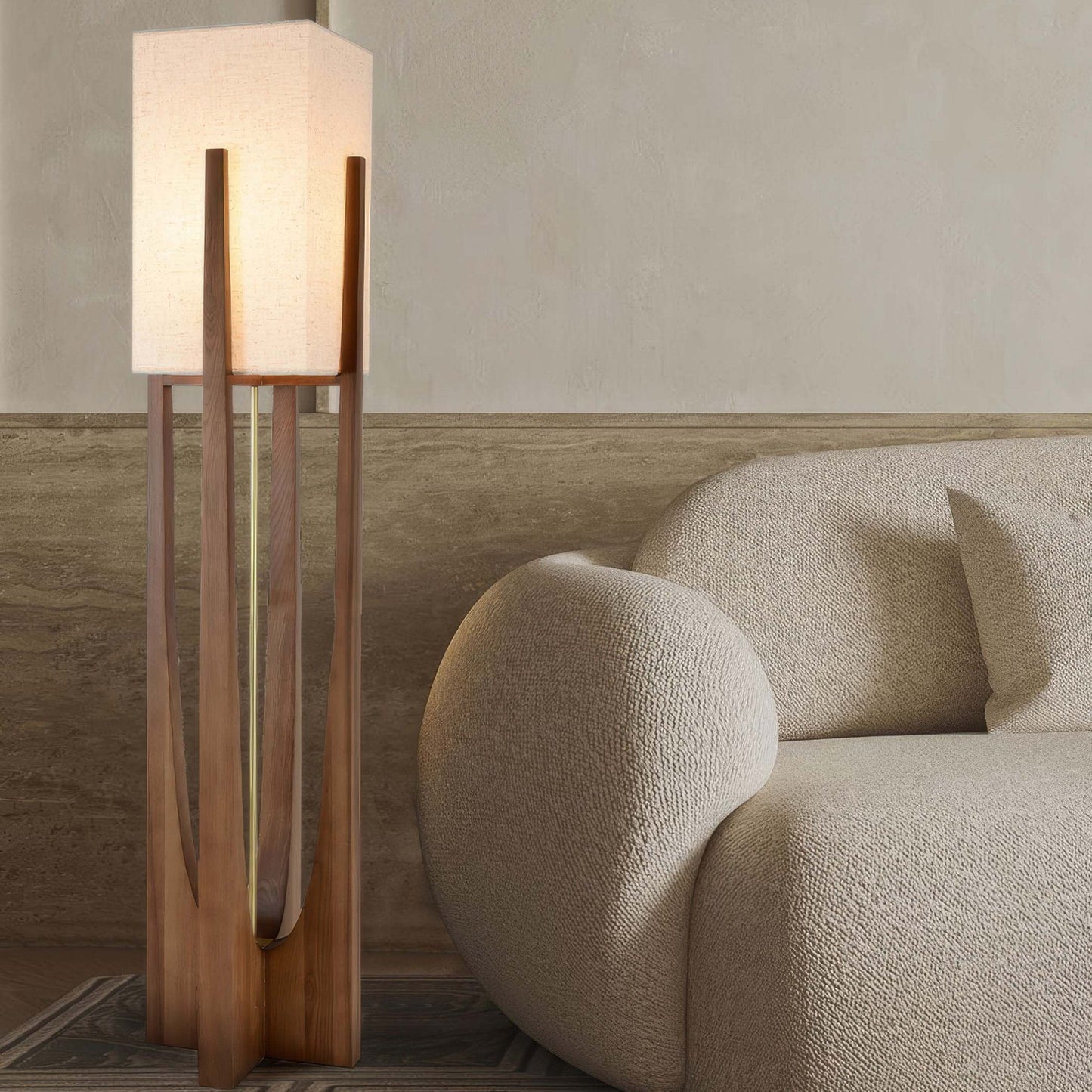 Rustic Wooden Floor Lamp With Natural Linen Shade