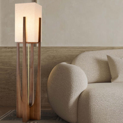 Rustic Wooden Floor Lamp With Natural Linen Shade