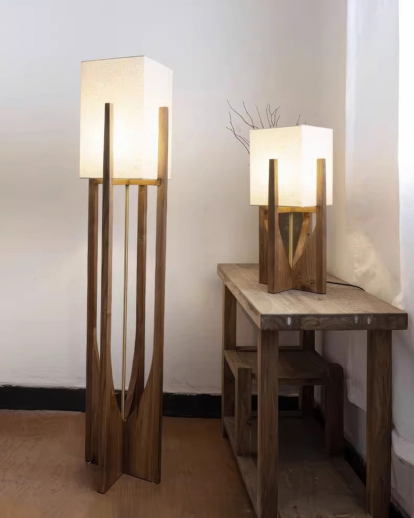 Rustic Wooden Floor Lamp With Natural Linen Shade