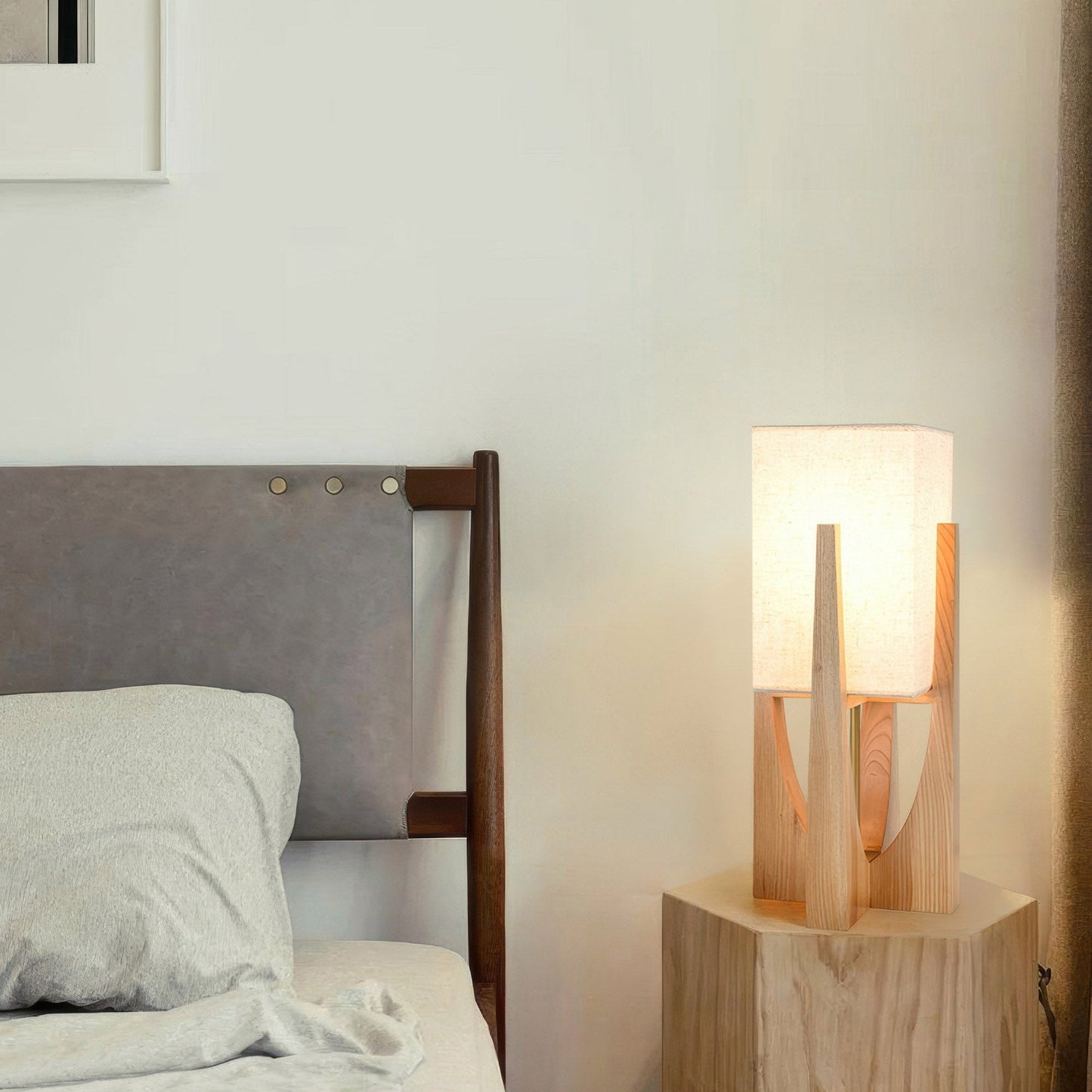 Rustic Wooden Floor Lamp With Natural Linen Shade
