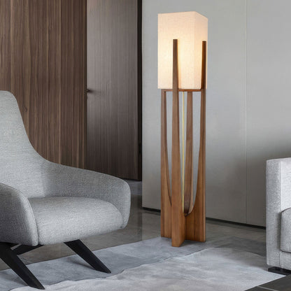 Rustic Wooden Floor Lamp With Natural Linen Shade
