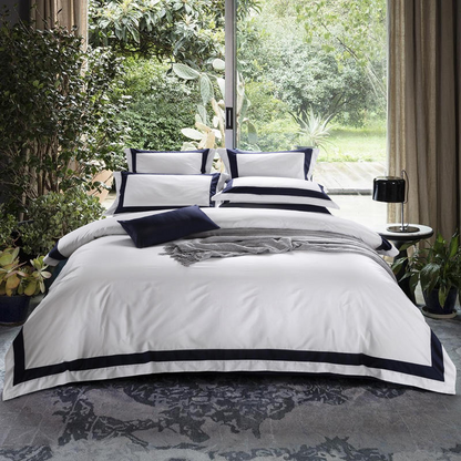 Navy Blue Stripe Soft Cotton White Bed Sheet Set