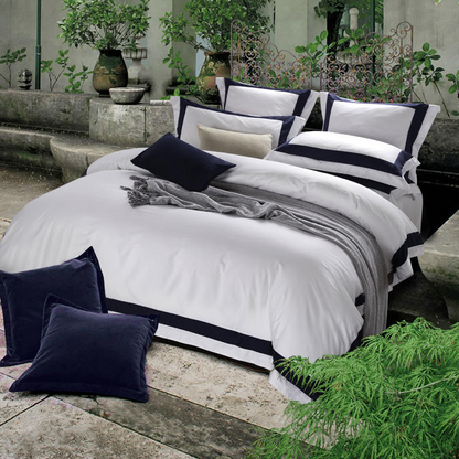 Navy Blue Stripe Soft Cotton White Bed Sheet Set - Lusomart