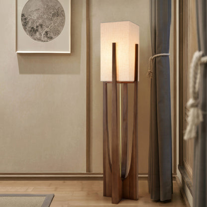 Rustic Wooden Floor Lamp With Natural Linen Shade
