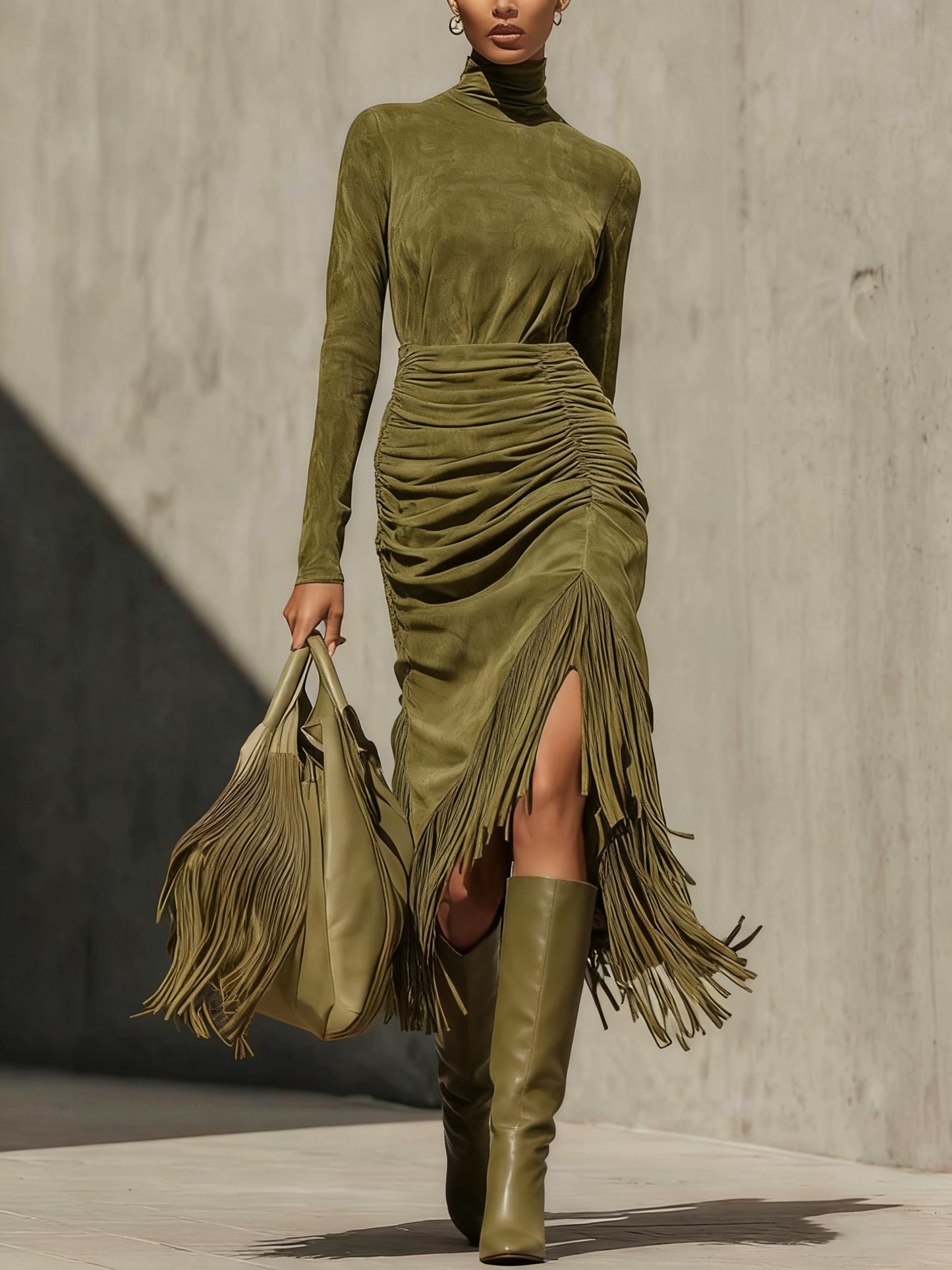 Green Wrap Midi Dress with Ruffles and Tassels - Lusomart