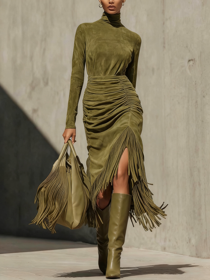 Green Wrap Midi Dress with Ruffles and Tassels - Lusomart