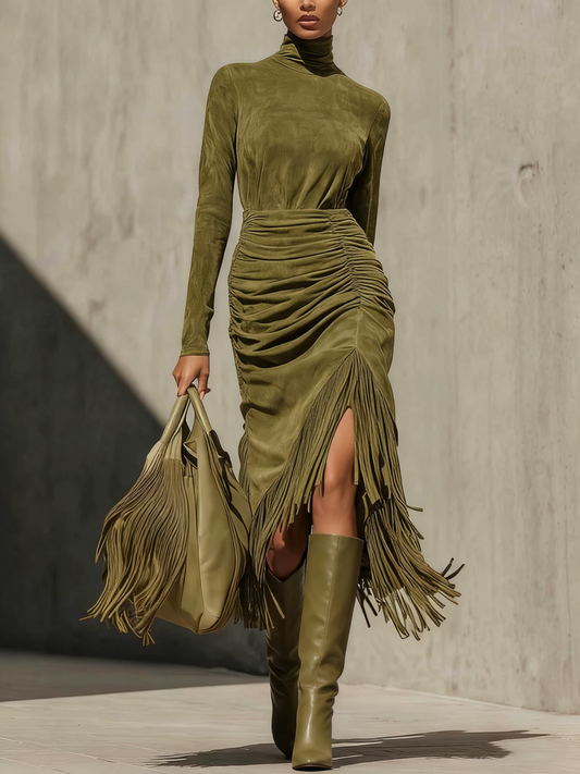 Green Wrap Midi Dress with Ruffles and Tassels - Lusomart