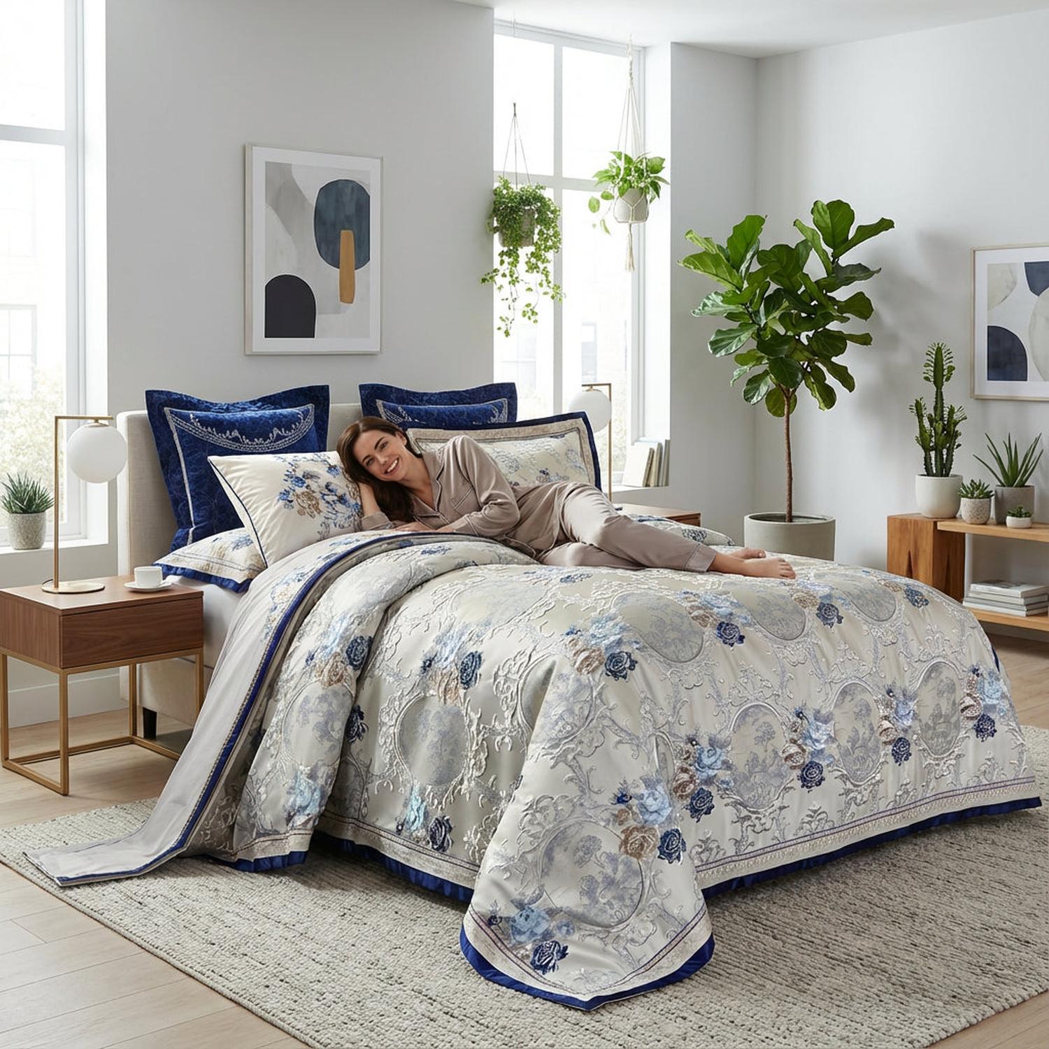 Elegant Blue Patterned Bedding Set - Lusomart