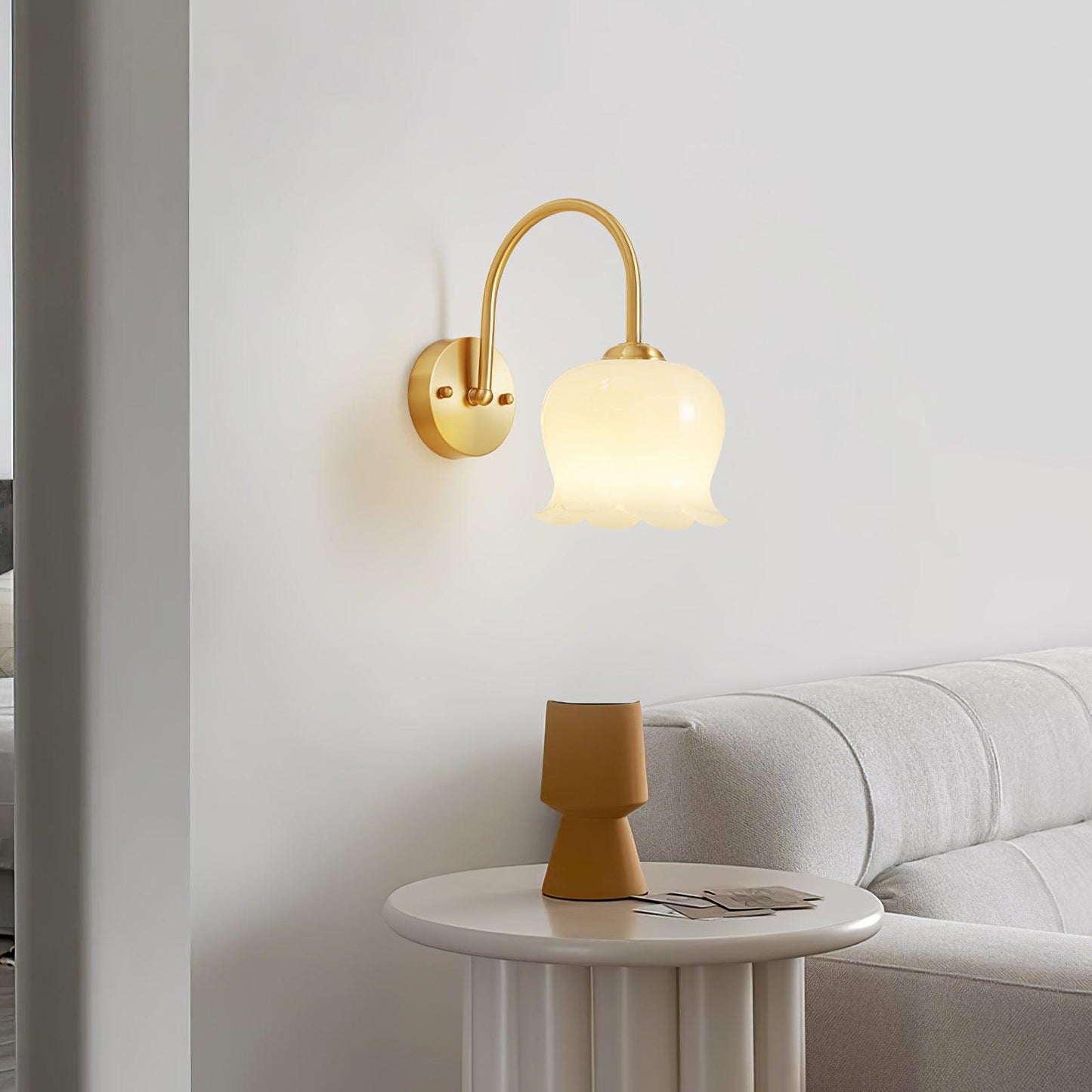 OrchidGlow | Elegant Brass Wall Sconce Lighting with Orchid Glass Shade 4