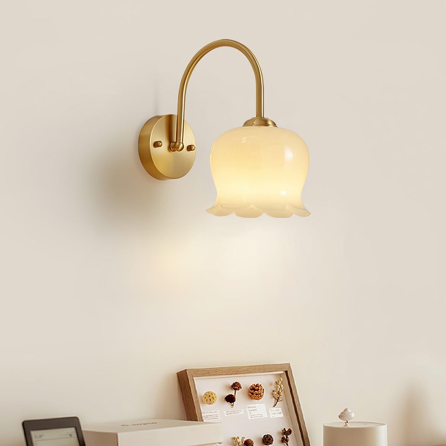 OrchidGlow | Elegant Brass Wall Sconce Lighting with Orchid Glass Shade 5