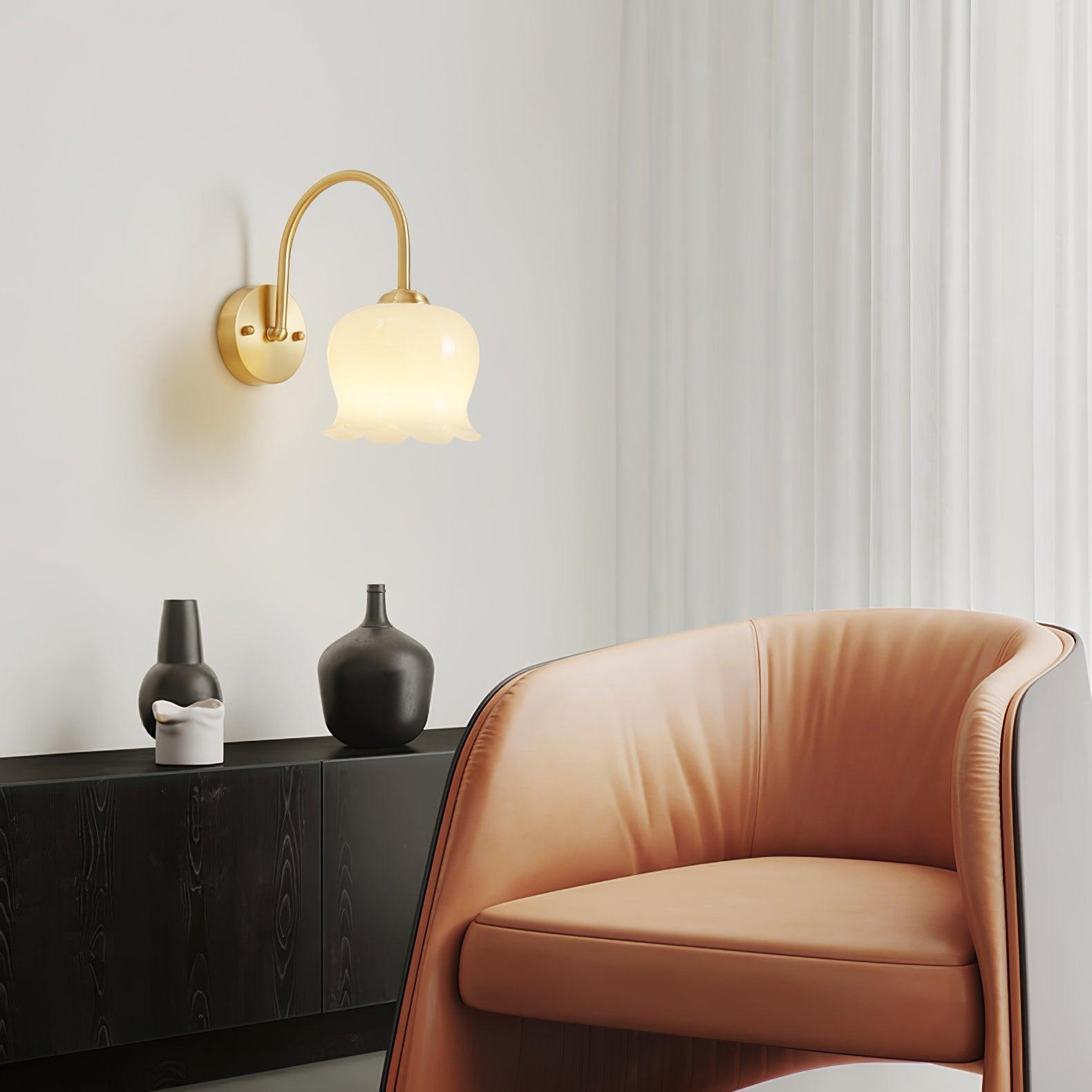 OrchidGlow | Elegant Brass Wall Sconce Lighting with Orchid Glass Shade 6