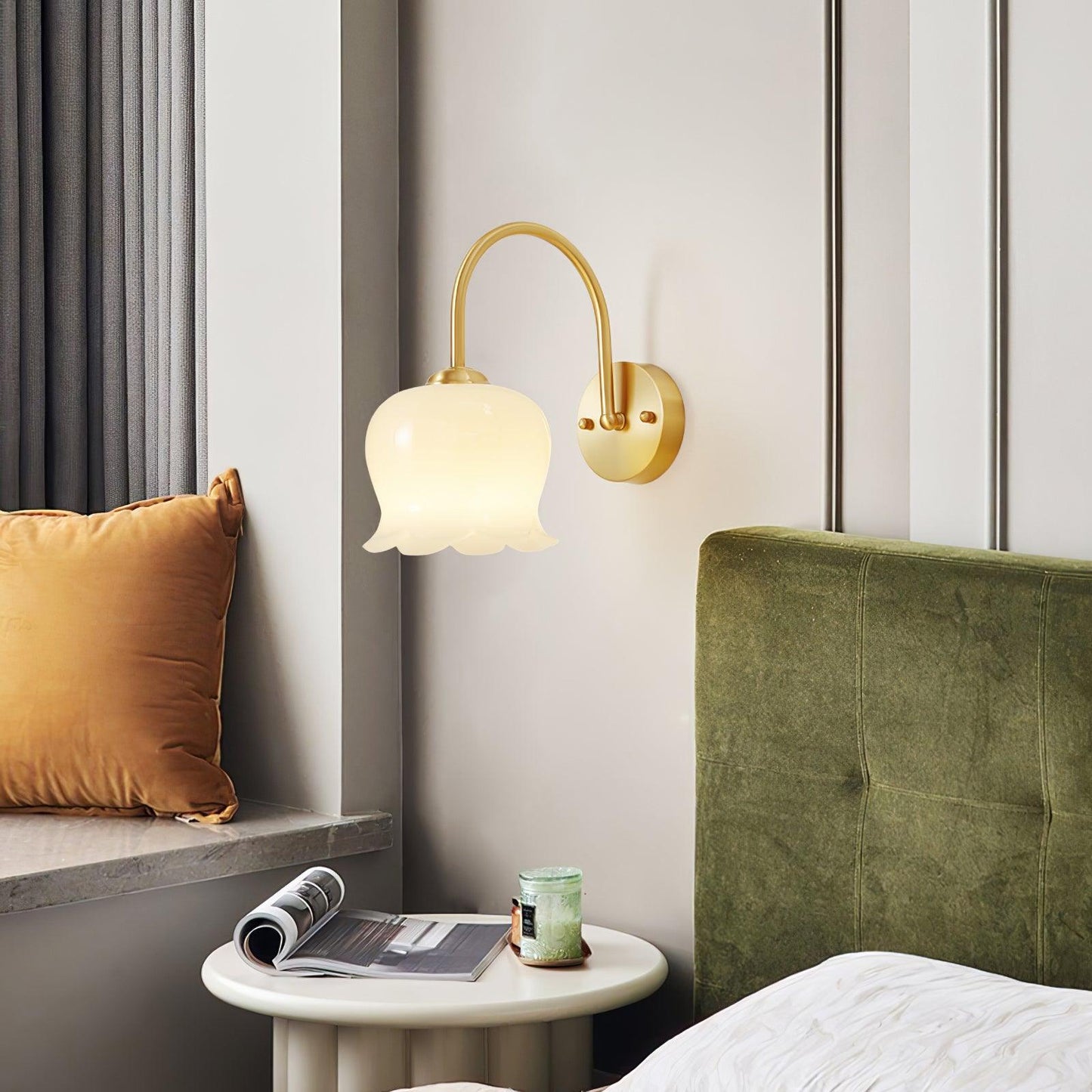 OrchidGlow | Elegant Brass Wall Sconce Lighting with Orchid Glass Shade 7