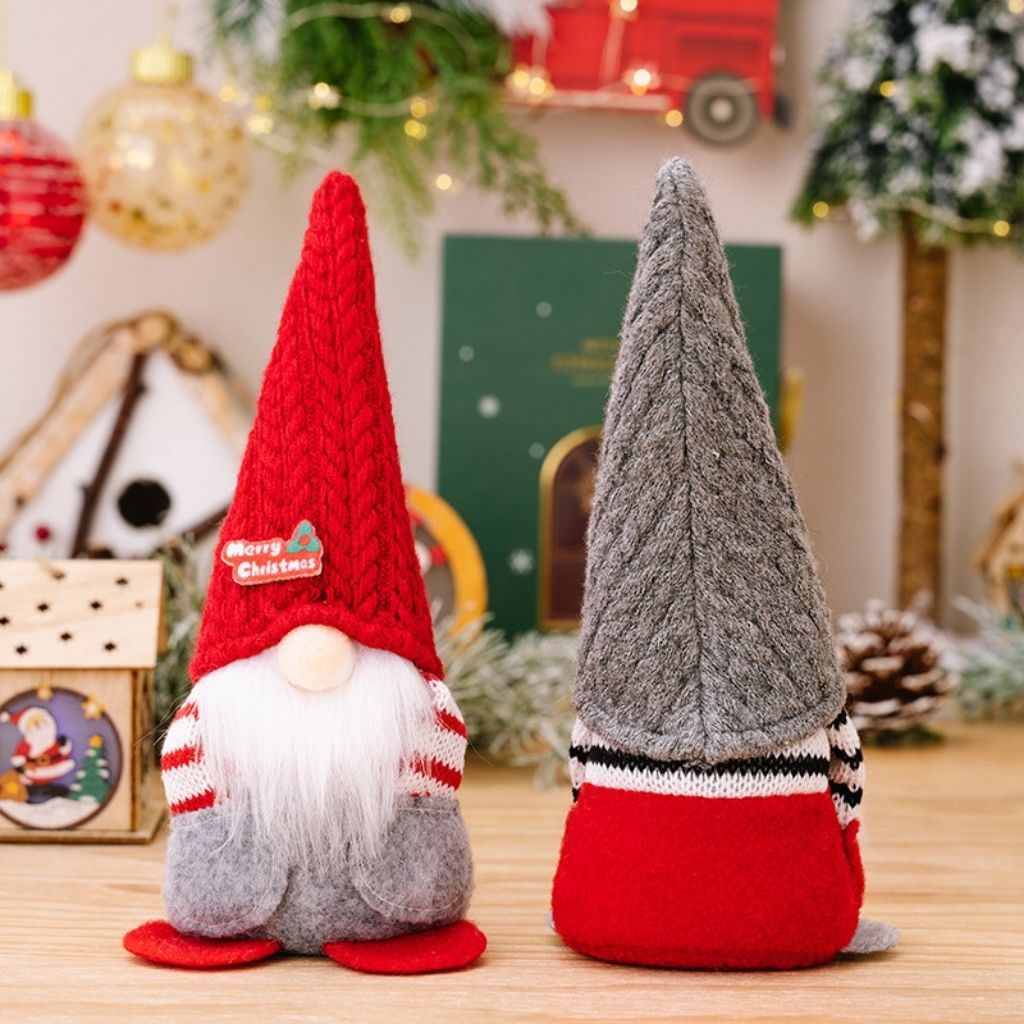 Pocket style gnome with cloth outfit and knitted hat showing textile construction detail