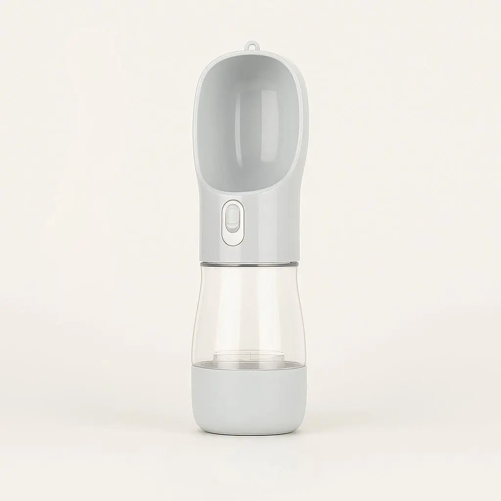 Stylish pet water bottles available in four colors: pink, blue, green, and grey for every pet owner