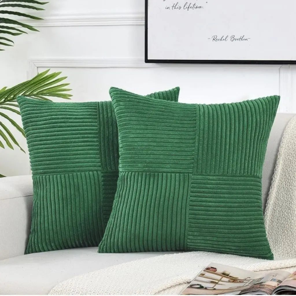 Minimalist corduroy cushion cover with distinctive patchwork style perfect for square pillow home accents