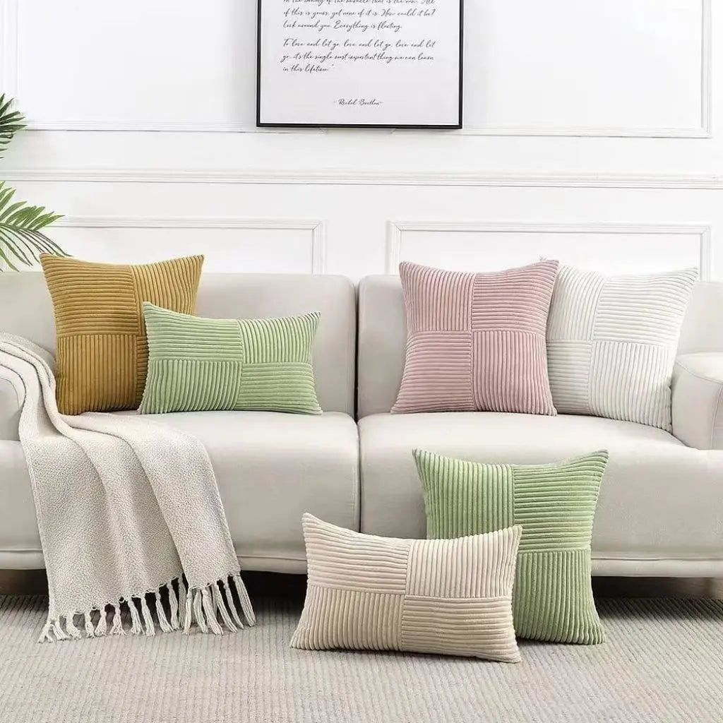 Patchwork corduroy pillow cover with sophisticated textured design enhancing home styling and decor