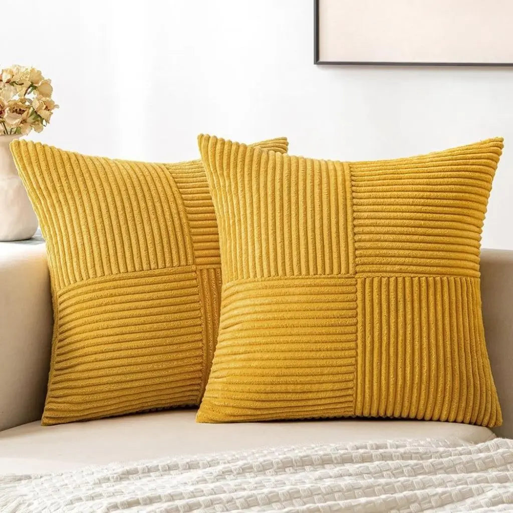 Textured corduroy pillowcase displaying intricate patchwork pattern ideal for modern decorative styling