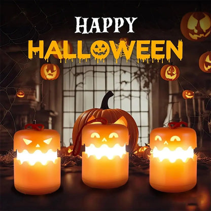 Halloween-themed candles with jack-o'-lantern faces and pumpkins in the background.