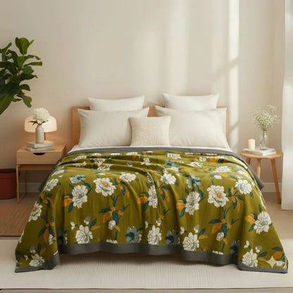 Cotton towel blanket with botanical camellia print and five layer gauze for comfortable bedding