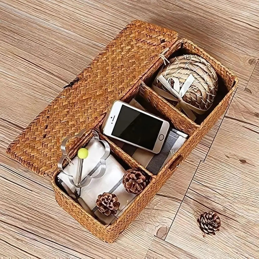 Handwoven natural fiber basket with fitted lid perfect for small household items storage