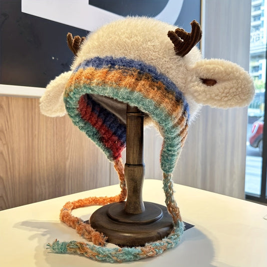 Warm Cable Knit Reindeer Earflap Beanie Hat - Lusomart