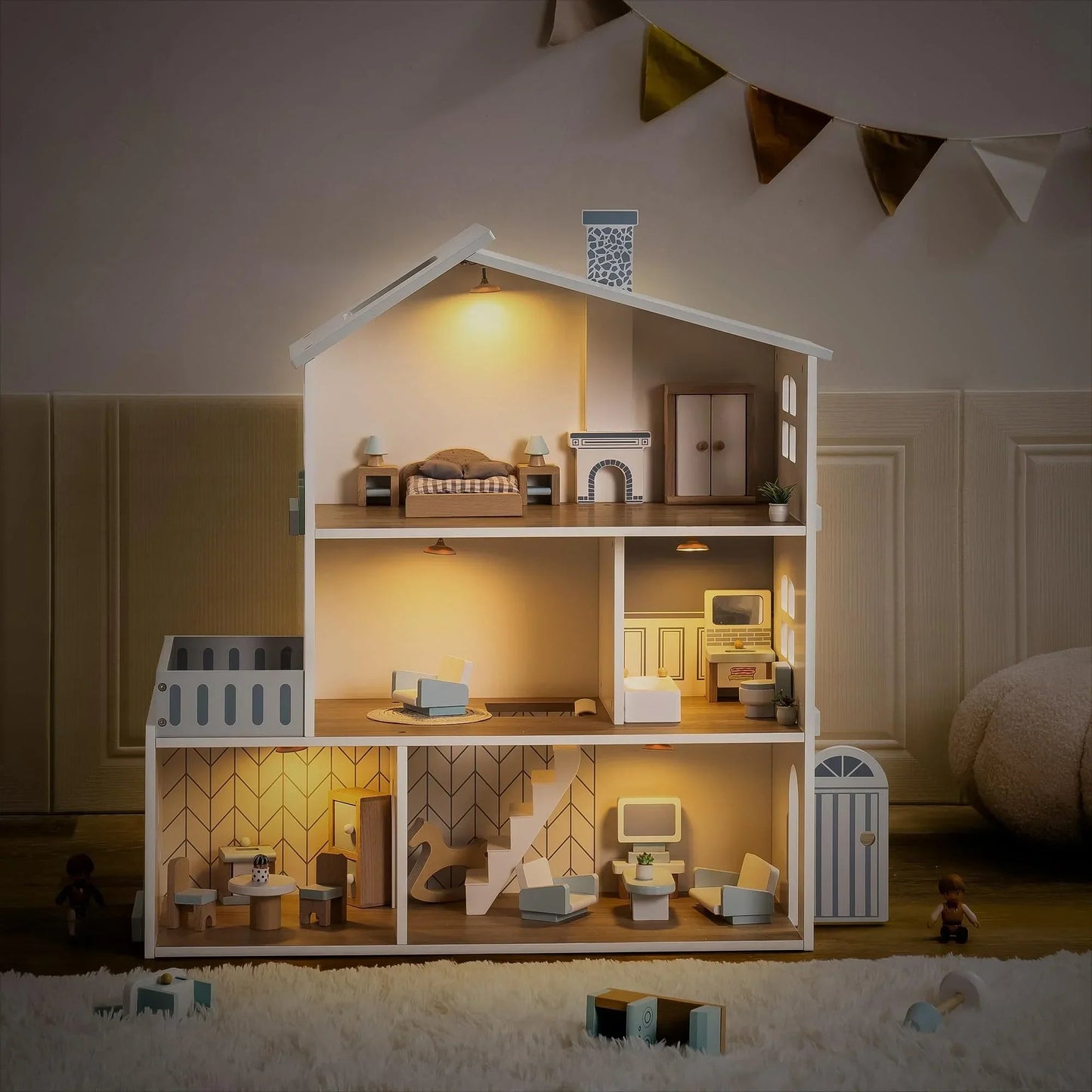 RoomyHaven™ – Wooden Dollhouse with 6 Rooms – Creative Playhouse for Kids 1