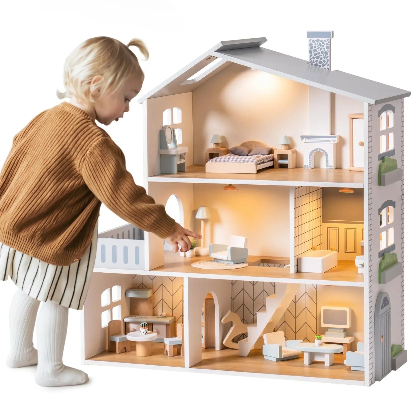 RoomyHaven™ – Wooden Dollhouse with 6 Rooms – Creative Playhouse for Kids 2