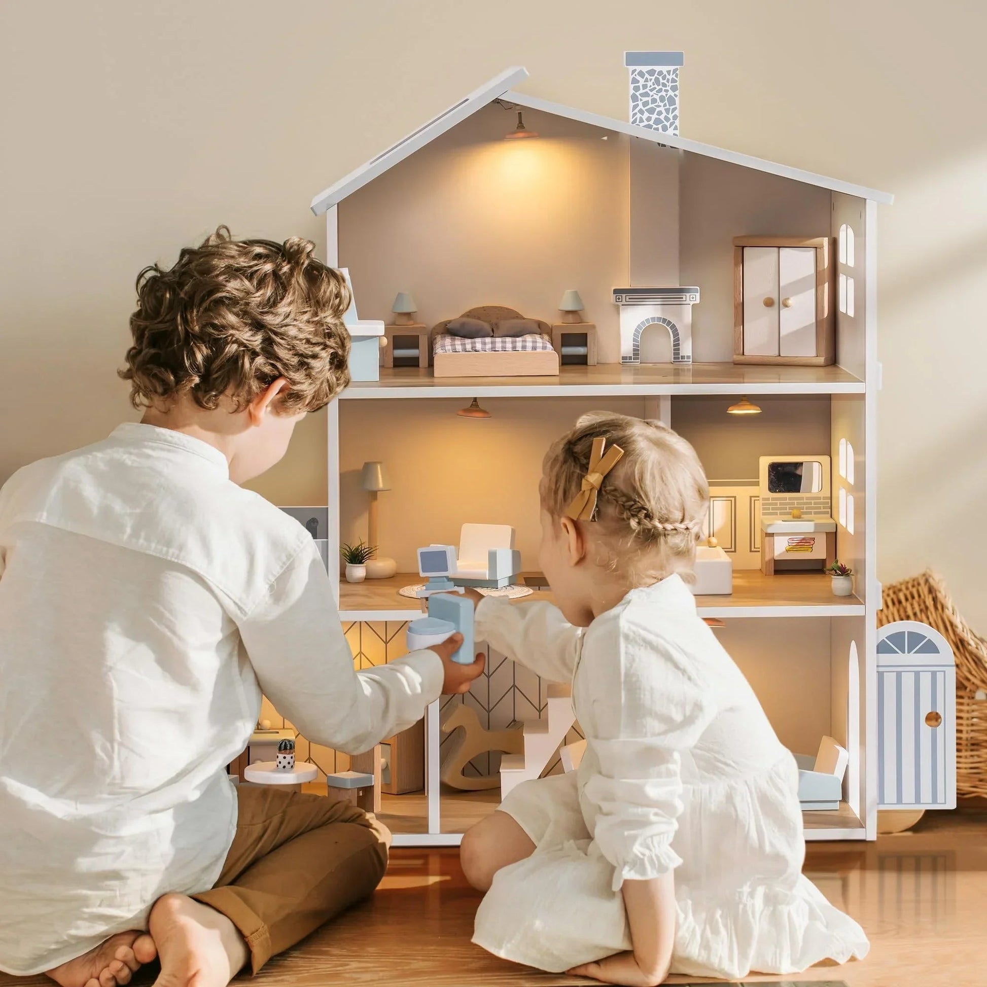 RoomyHaven™ – Wooden Dollhouse with 6 Rooms – Creative Playhouse for Kids 4