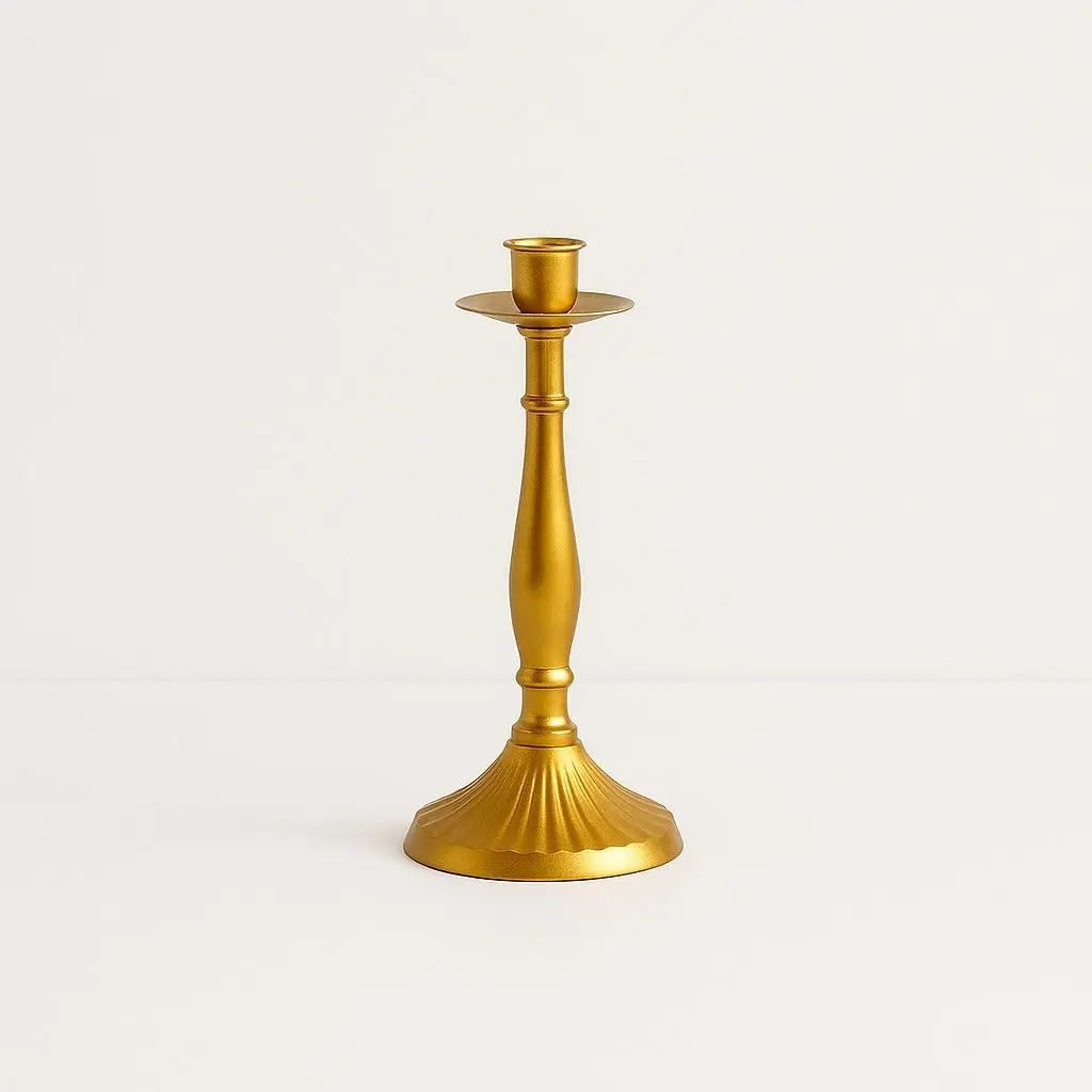 Metal candle holder top view showing candle cups ornate scrollwork base wedding table centerpiece