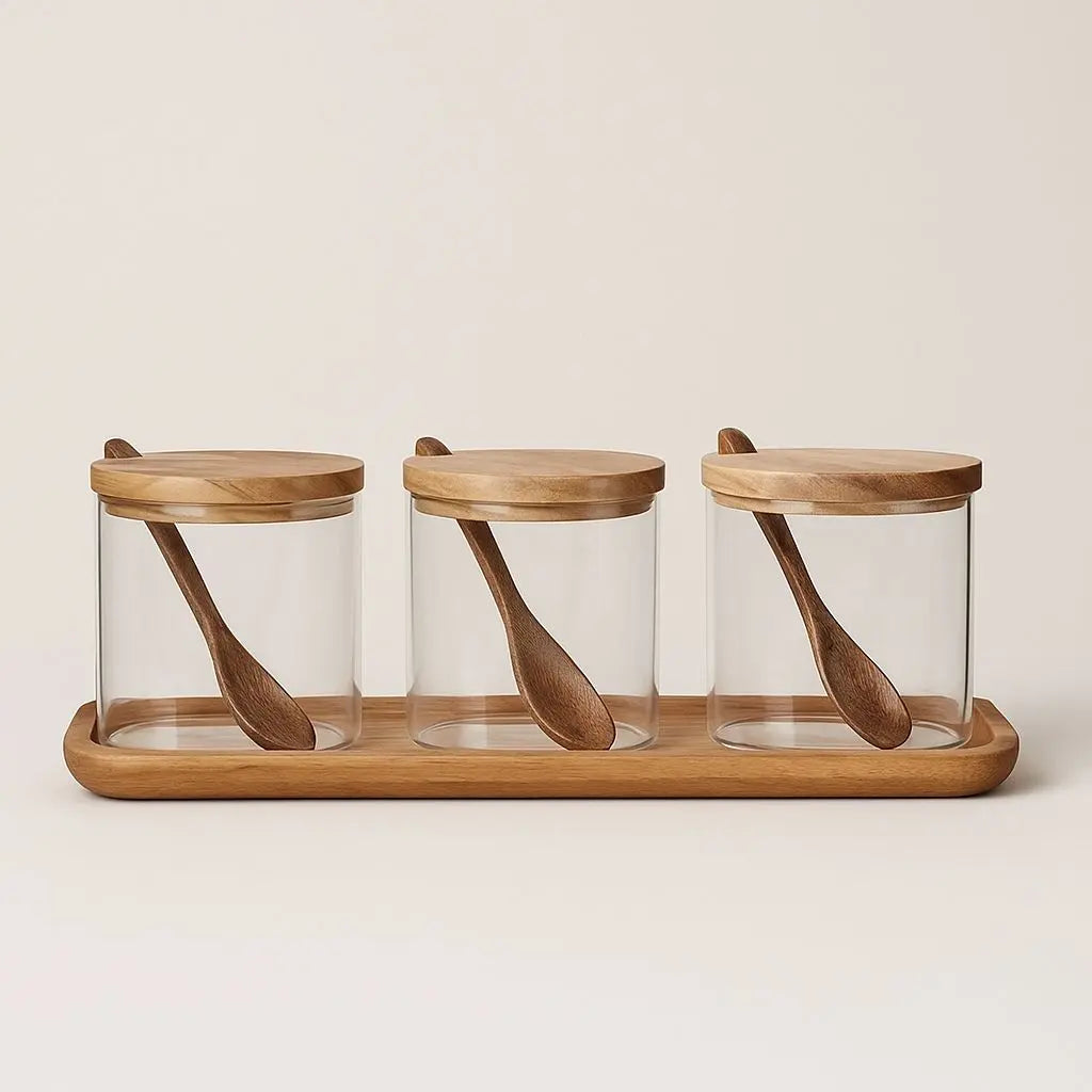 Natural Wood Top Glass Spice Jar Set – Classic Kitchen Storage - Lusomart