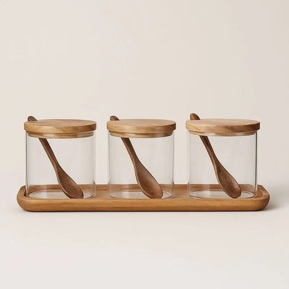 Natural Wood Top Glass Spice Jar Set – Classic Kitchen Storage - Lusomart