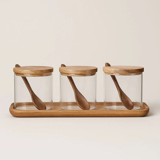 Natural Wood Top Glass Spice Jar Set – Classic Kitchen Storage - Lusomart