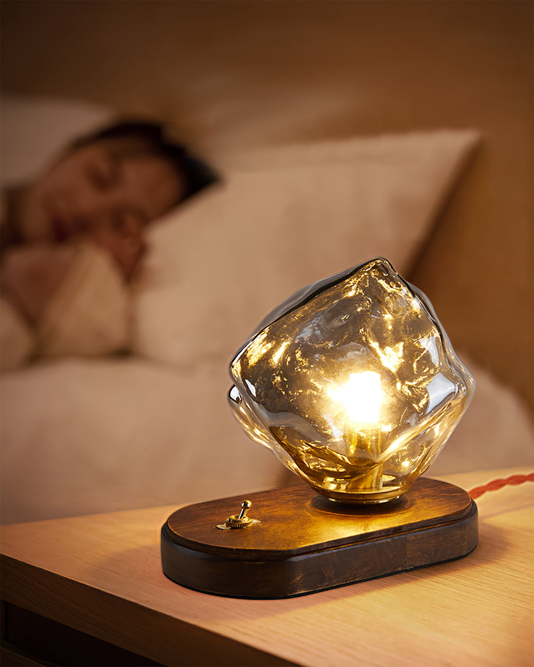 Cozy Amber Glass Table Lamp with Wooden Accents - Lusomart