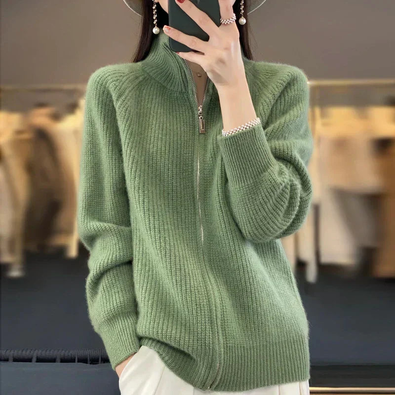 Soft 100% Wool Zip Up Women's Cardigan Sweater