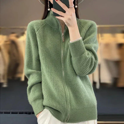 Soft 100% Wool Zip Up Women's Cardigan Sweater