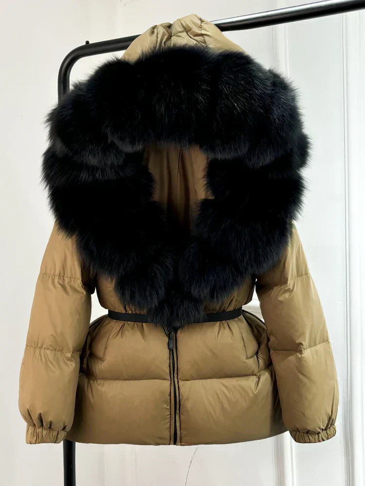 Warm Women's Parka Jacket with Genuine Fur Hood
