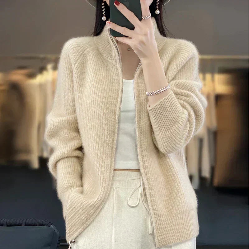 Soft 100% Wool Zip Up Women's Cardigan Sweater - Lusomart
