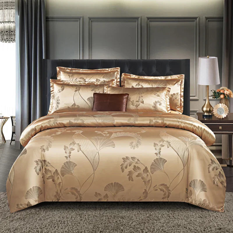 Luxury Gold Blue Satin Duvet Cover Set King Size