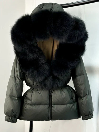Warm Women's Parka Jacket with Genuine Fur Hood