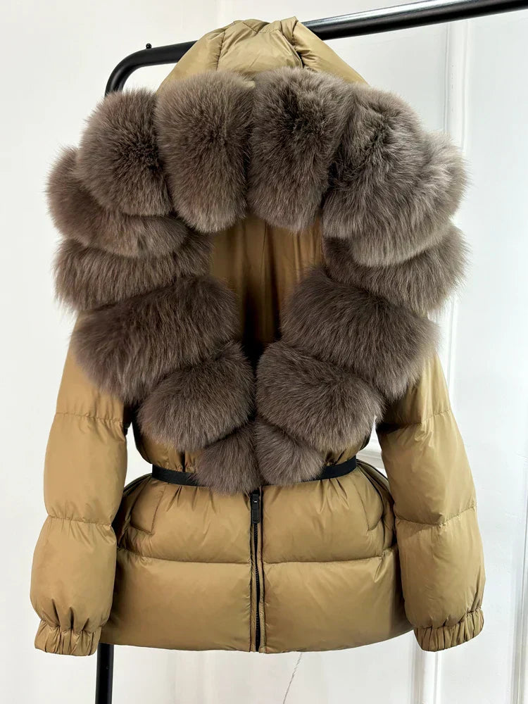 Warm Women's Parka Jacket with Genuine Fur Hood