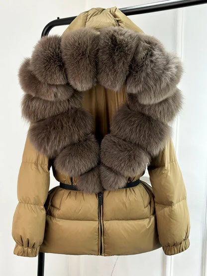 Warm Women's Parka Jacket with Genuine Fur Hood
